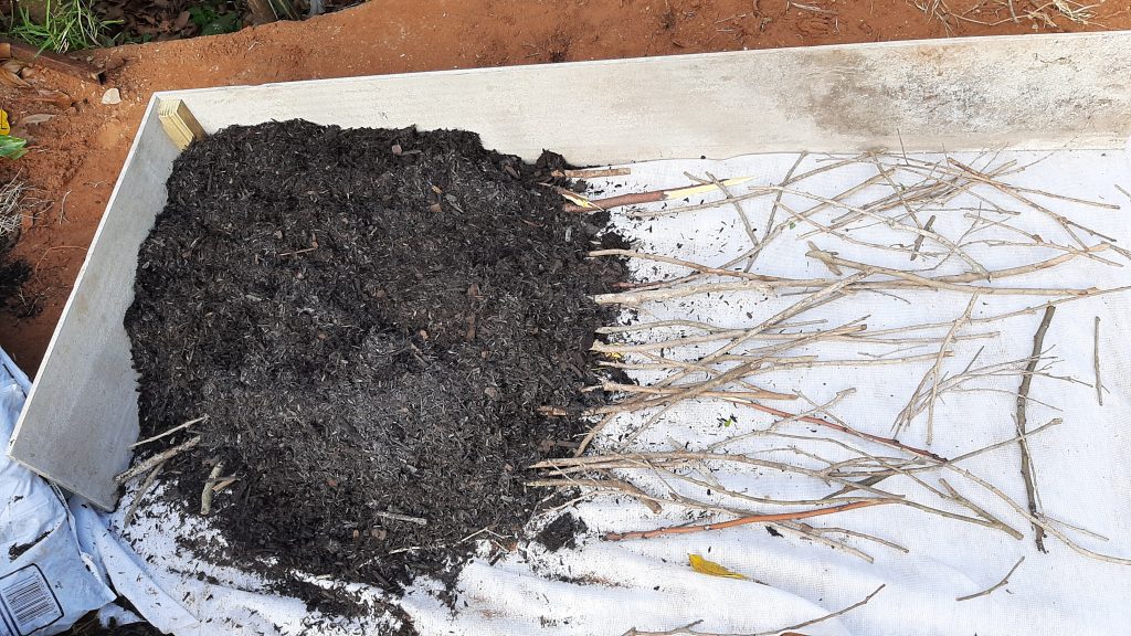 Mini Farm Progress, Compost, Sticks, raised bed garden, Raised Bed Farm